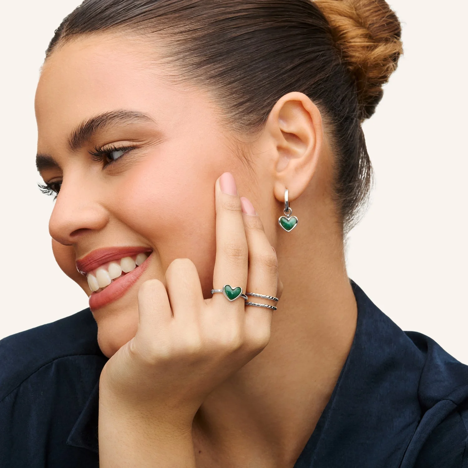 Africa Jade Heart Huggie Earrings (Silver) - Image 6