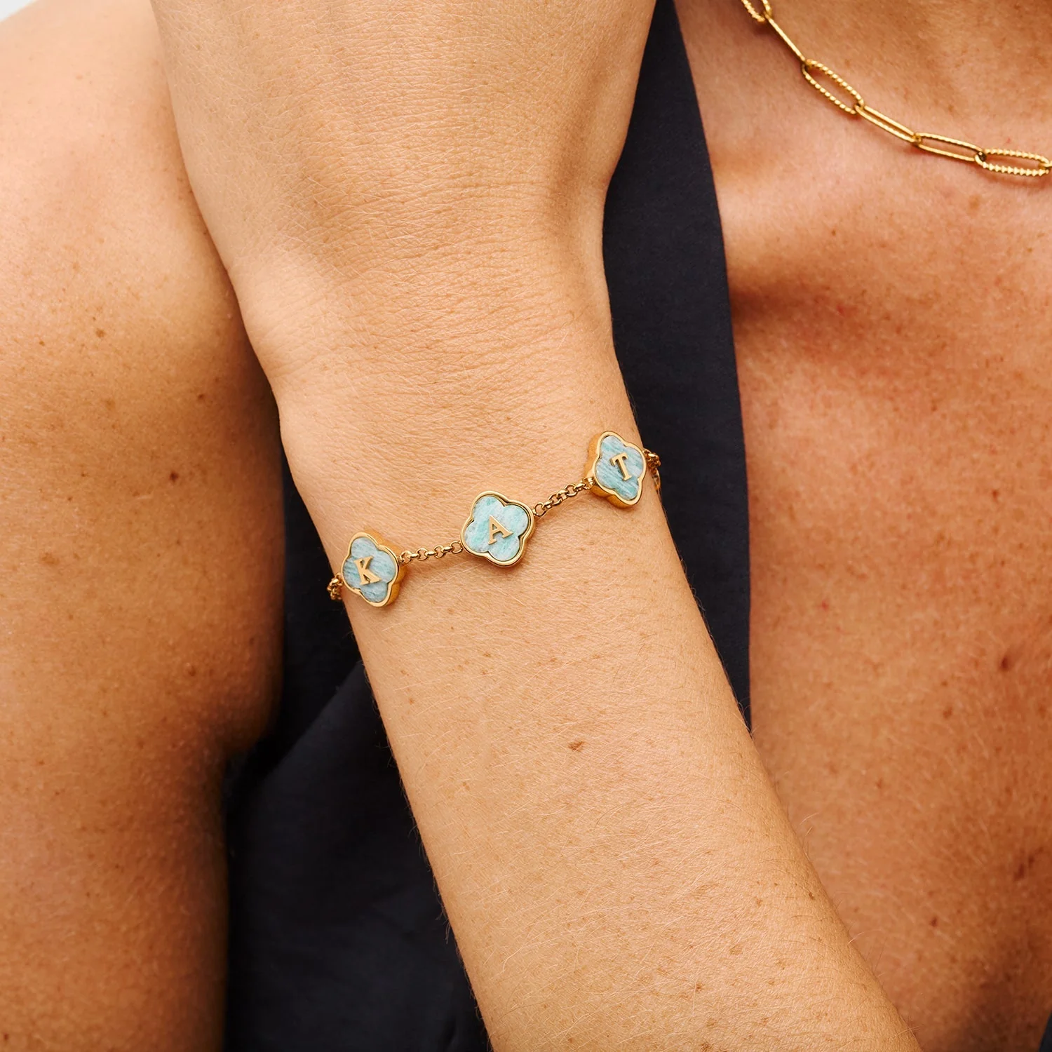 Amazonite Clover Custom Name Bracelet (Gold) - Image 2