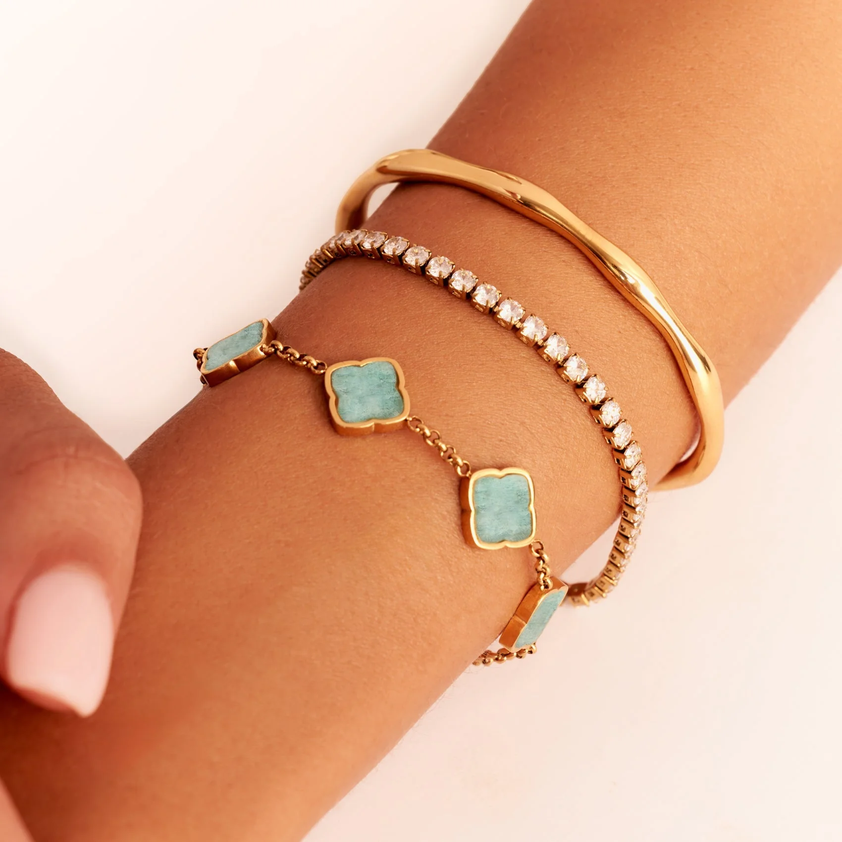 Amazonite Multi Clover Bracelet (Gold) - Image 3