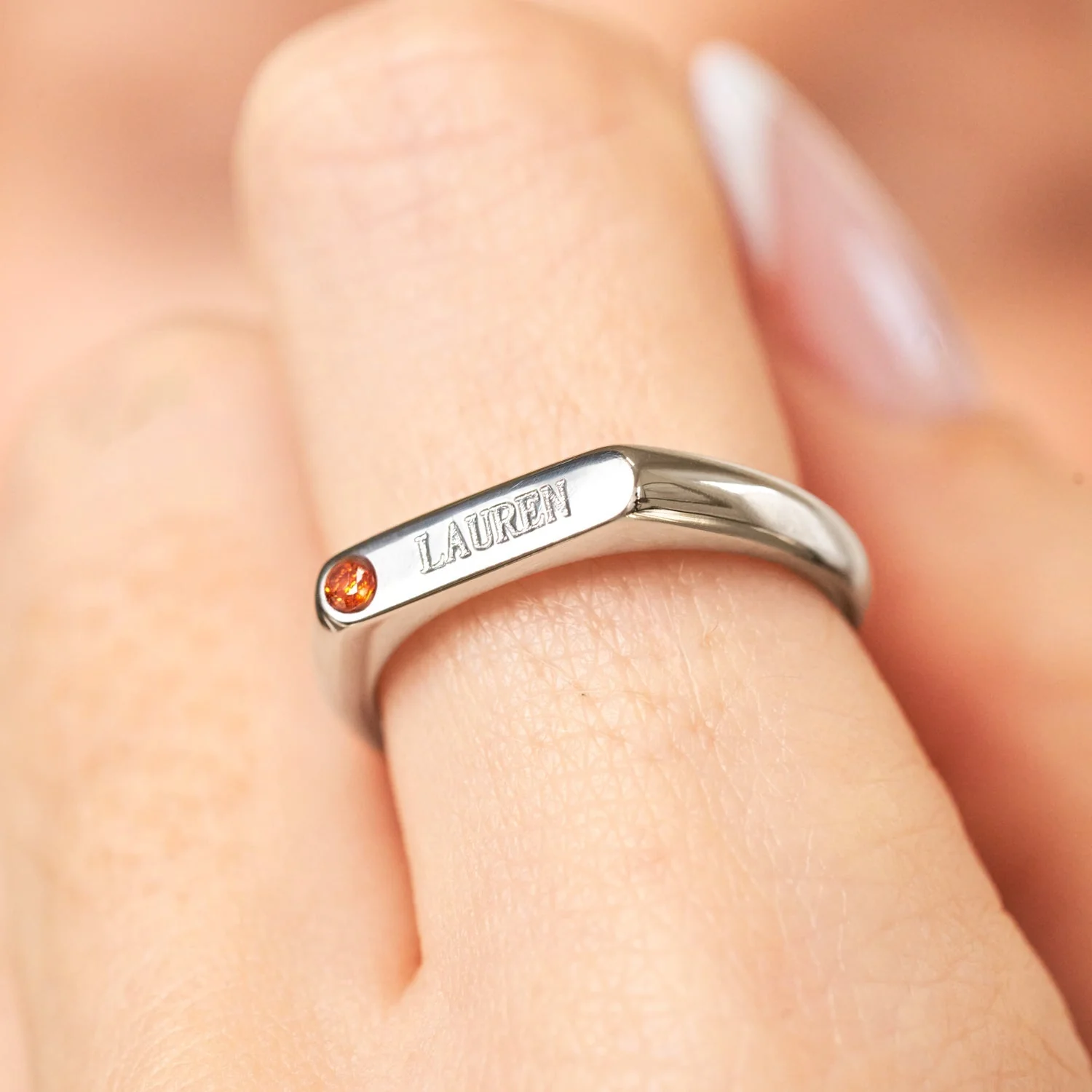 Birthstone Signet Custom Name Ring (Silver) - Image 3