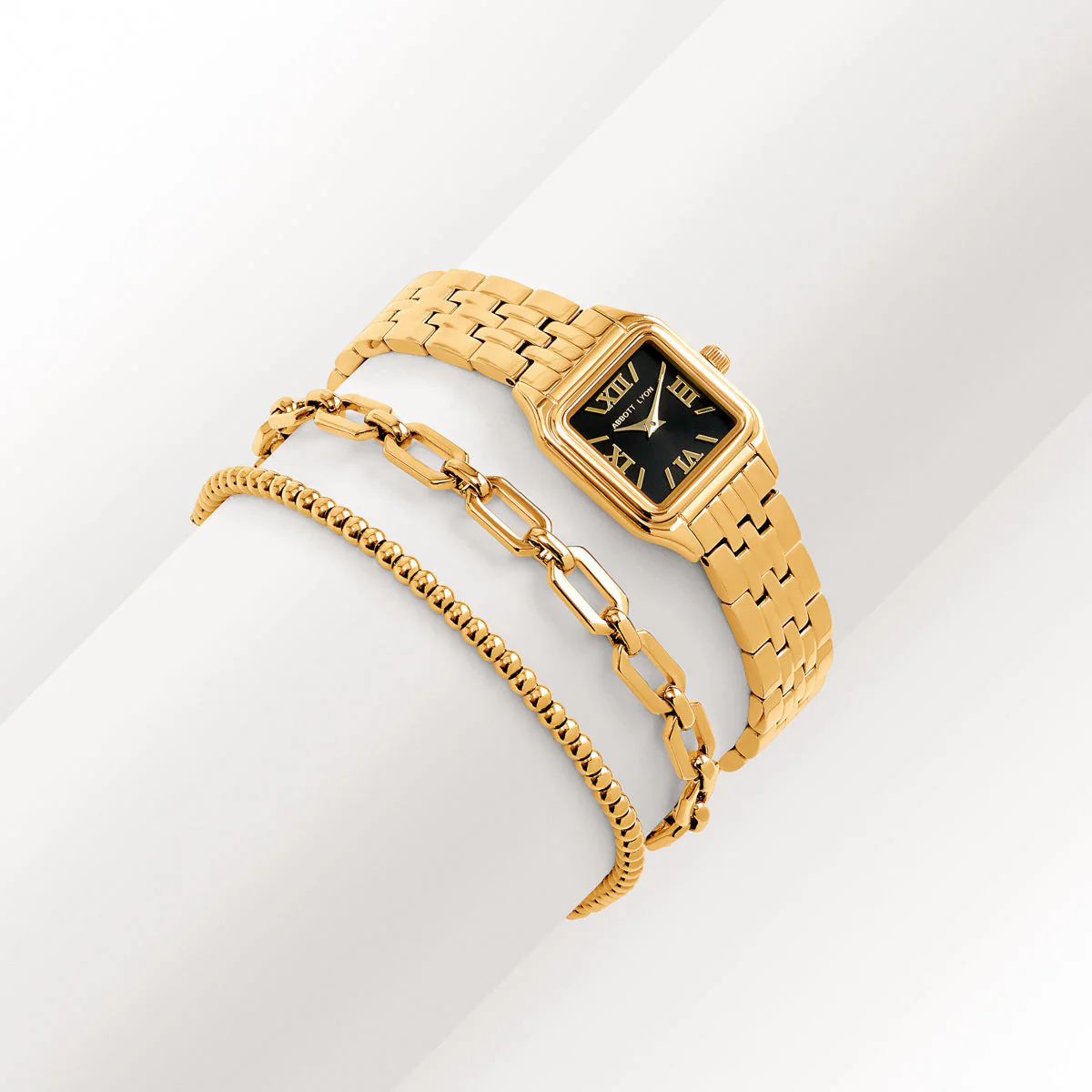 Black Essence Watch & Chain Bracelet Set (Gold)