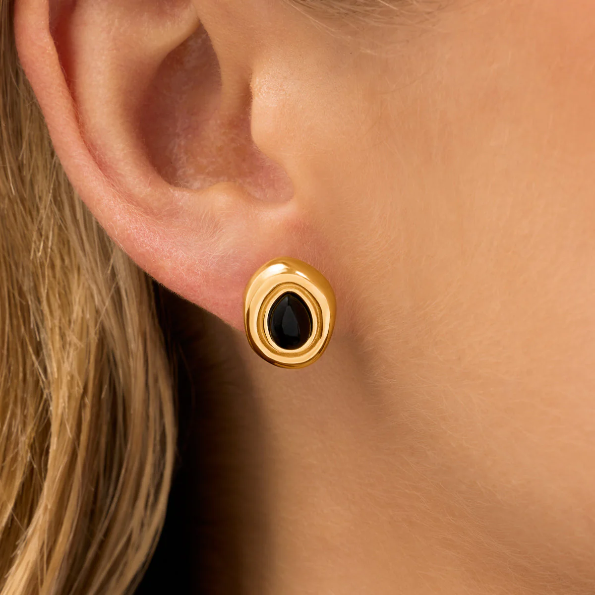 Black Onyx Molten Stud Earrings (Gold) - Image 2