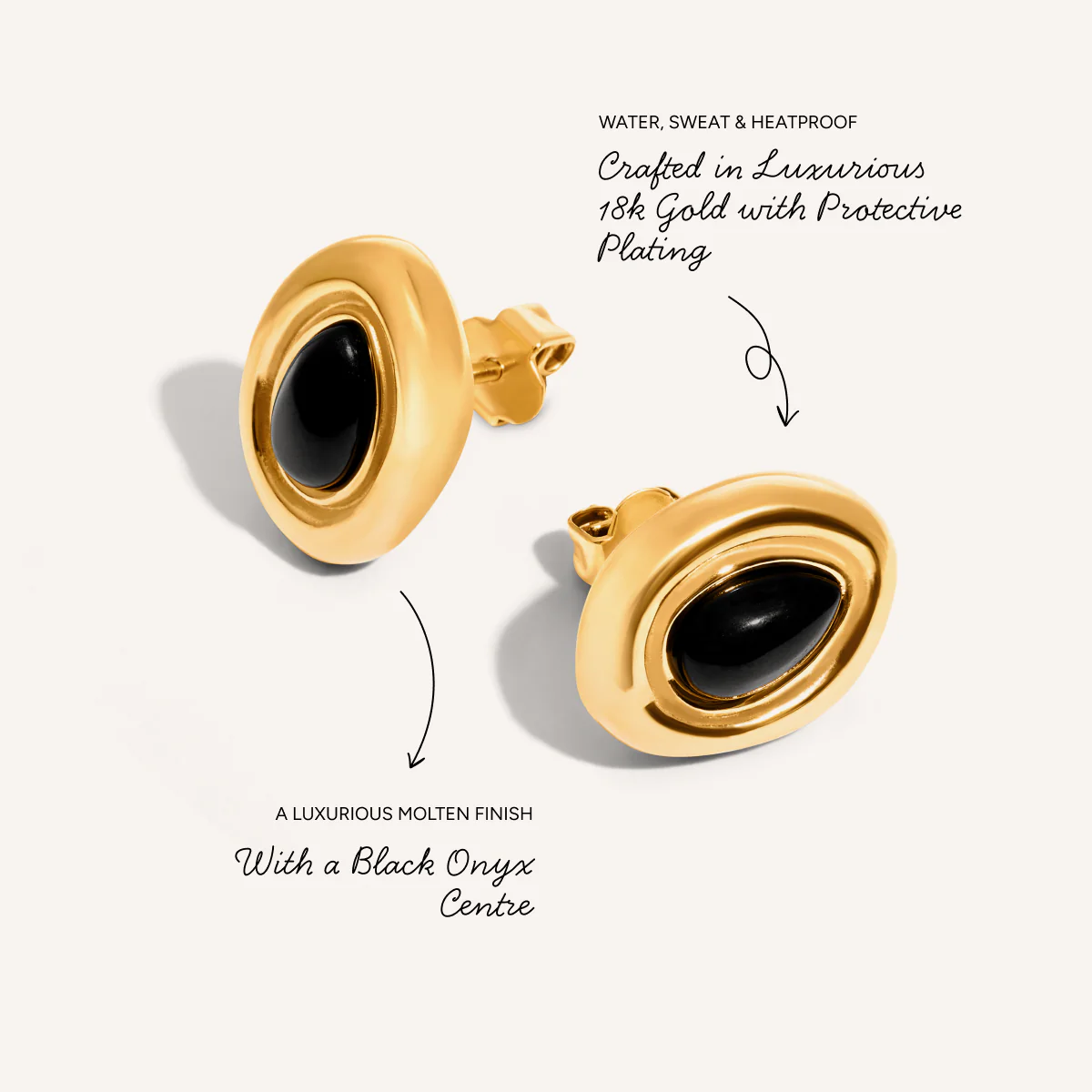 Black Onyx Molten Stud Earrings (Gold) - Image 4