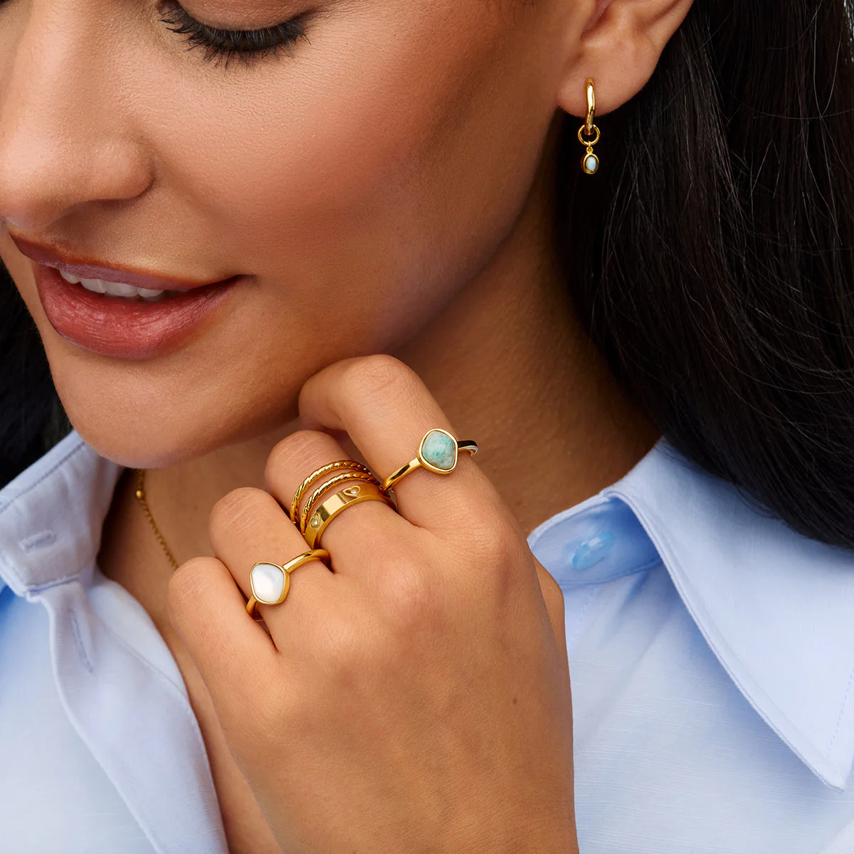 Fine Molten Huggie Earrings (Gold) - Amazonite - Image 3