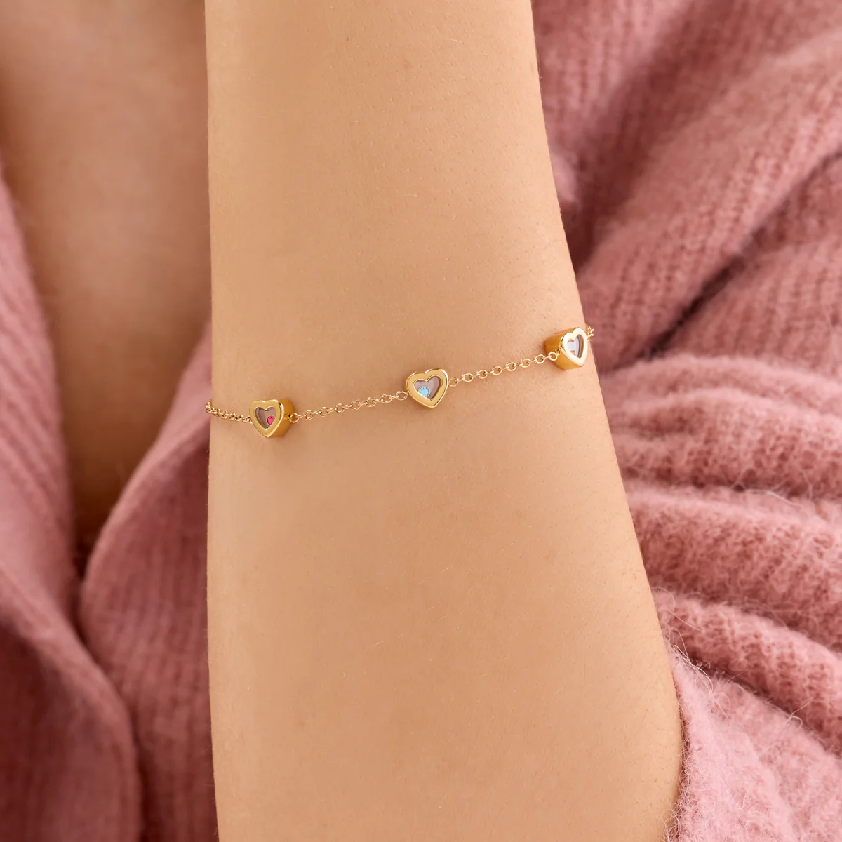 Floating Birthstone Multi Heart Bracelet (Gold) - Image 2