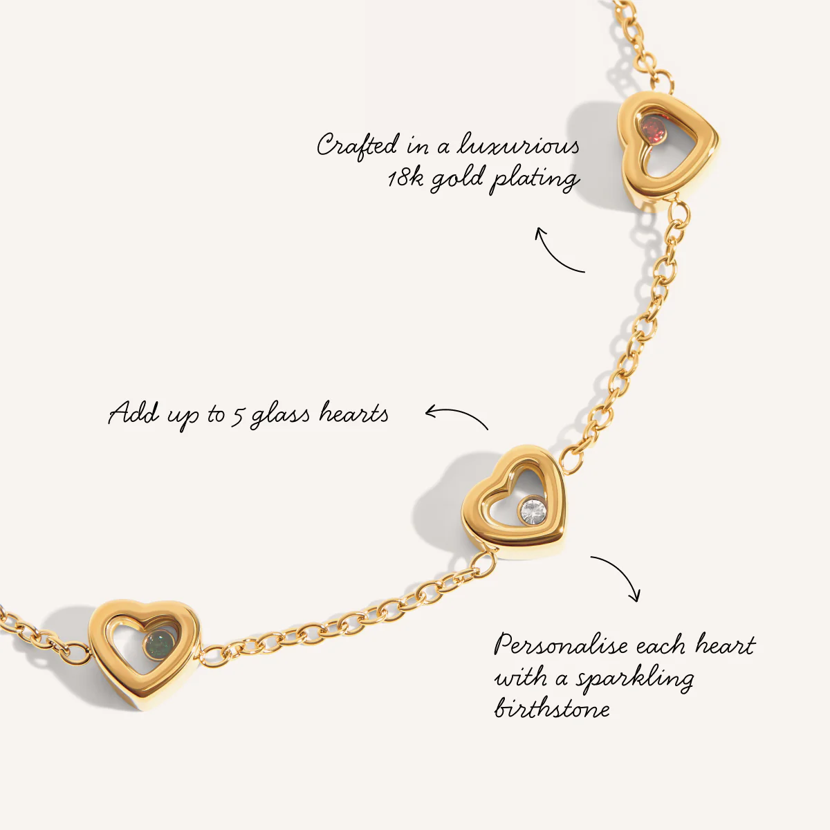 Floating Birthstone Multi Heart Bracelet (Gold) - Image 3