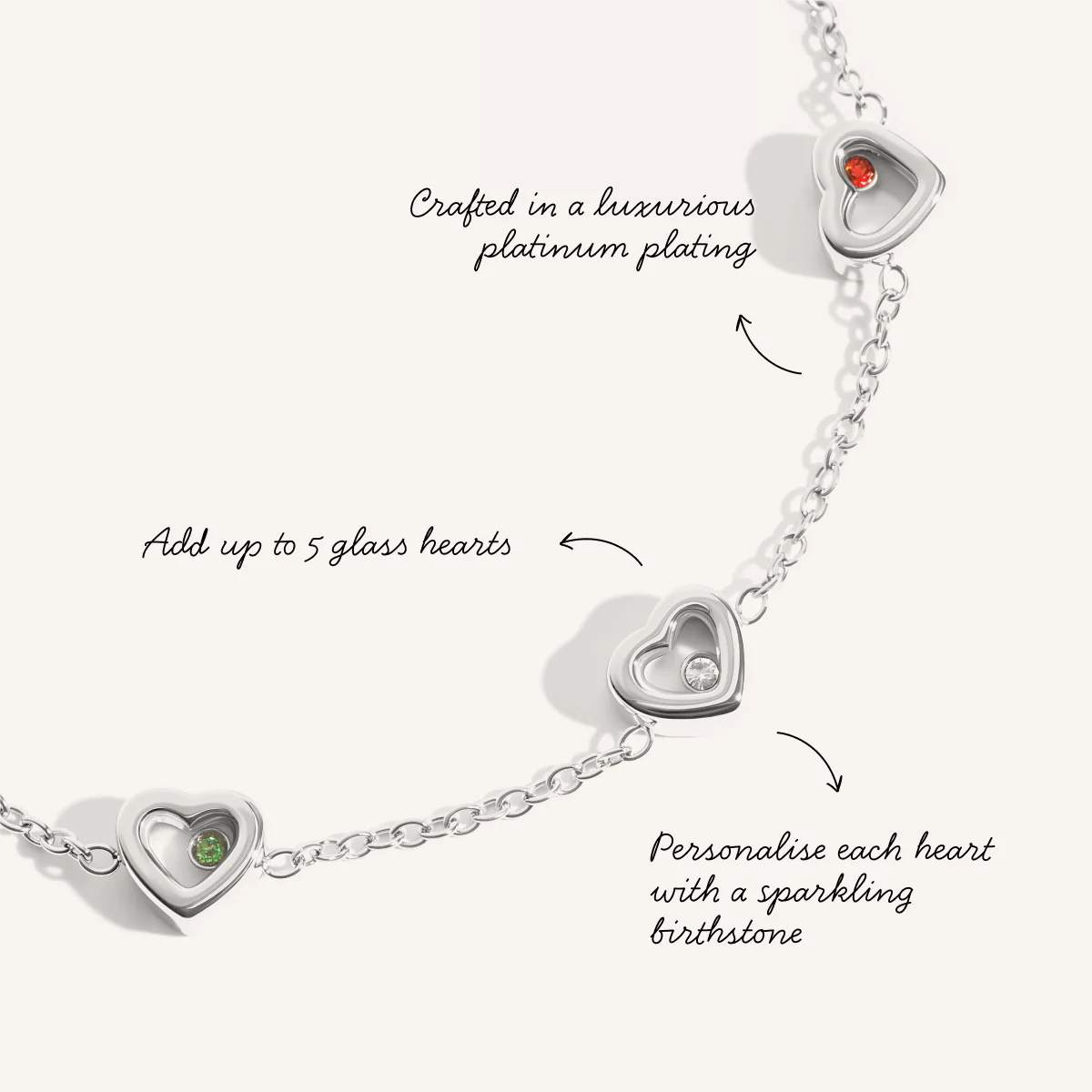 Floating Birthstone Multi Heart Bracelet (Silver) - Image 3