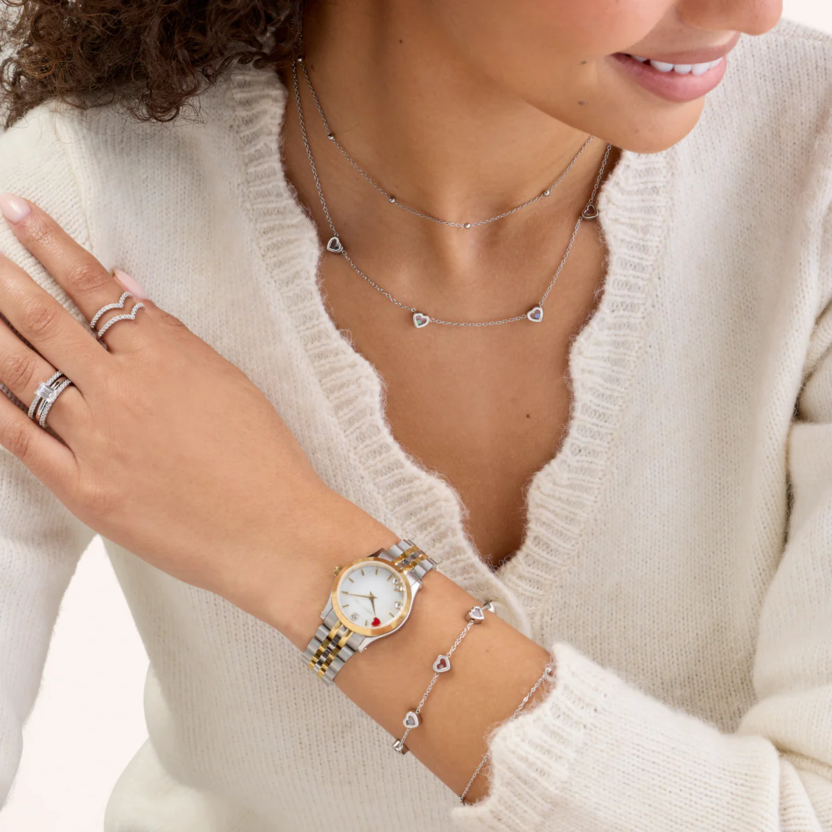 Floating Birthstone Multi Heart Necklace (Silver) - Image 5