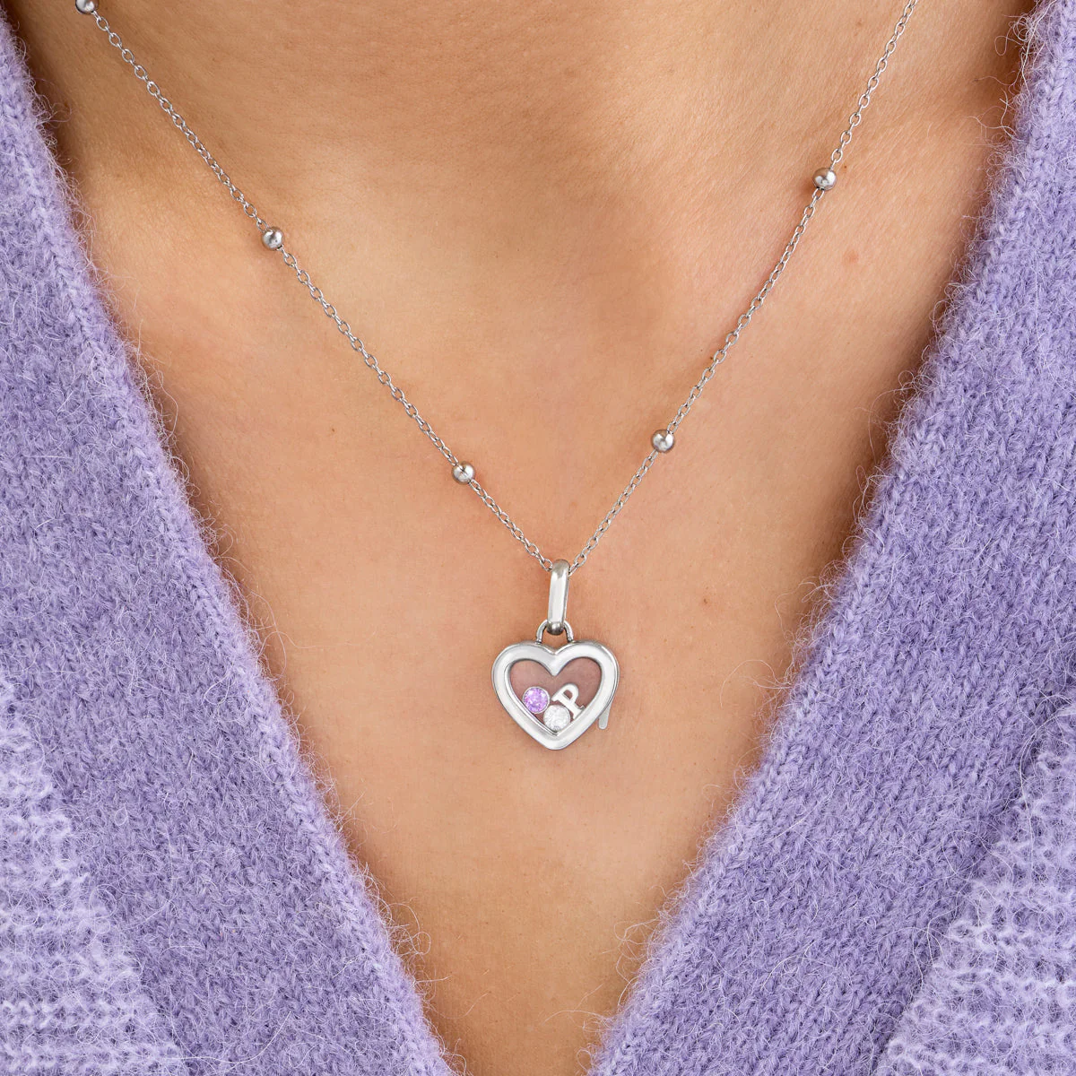 Floating Charm Heart Locket Necklace (Silver) - Image 2