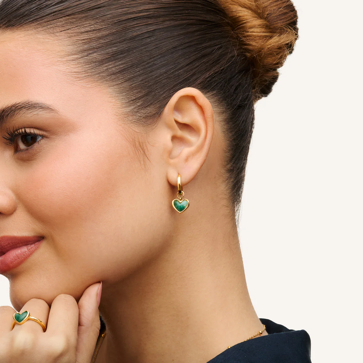 Green Quartz Heart Huggie Earrings (Gold) - Image 3