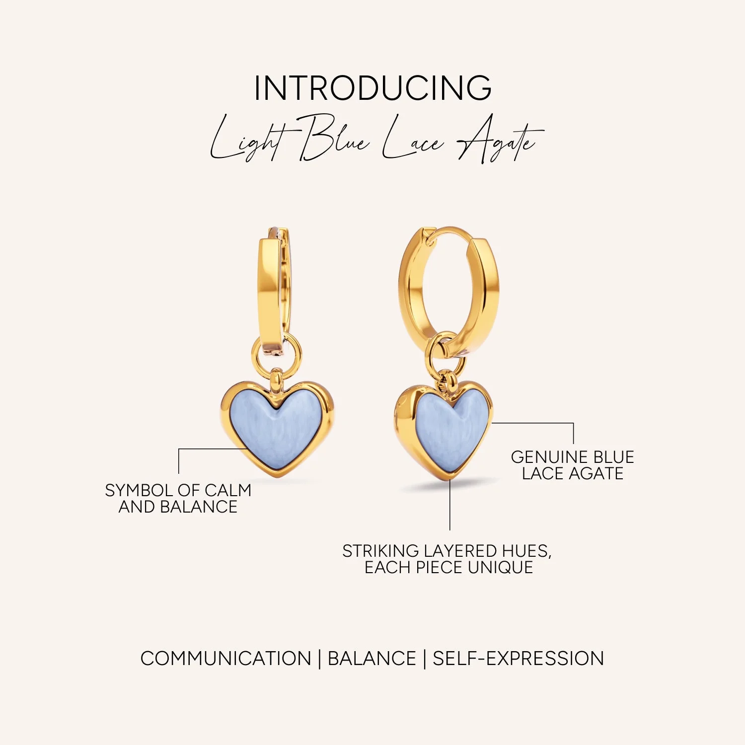 Light Blue Lace Agate Heart Huggie Earrings Set (Gold) - Image 4
