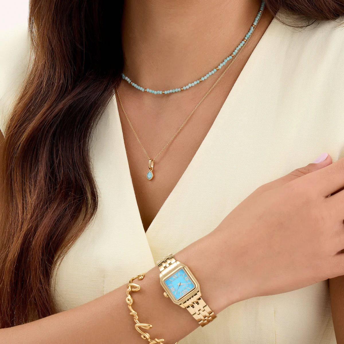 Mini Beaded Blue Necklace (Gold) - Image 4