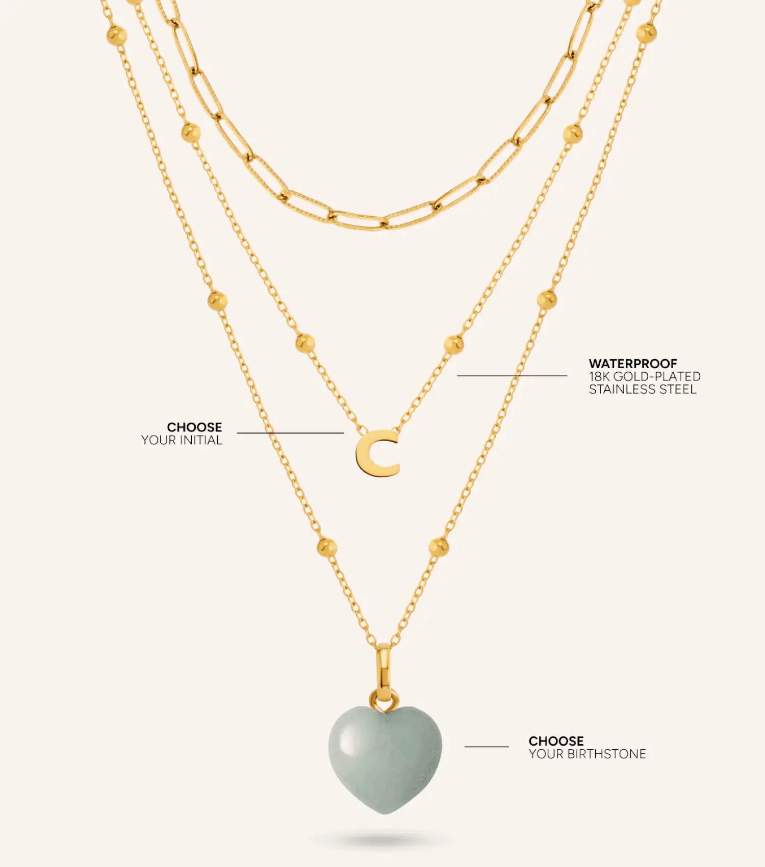 Mini Letter & Heart Birthstone Layered Necklace Set (Gold) - Image 3