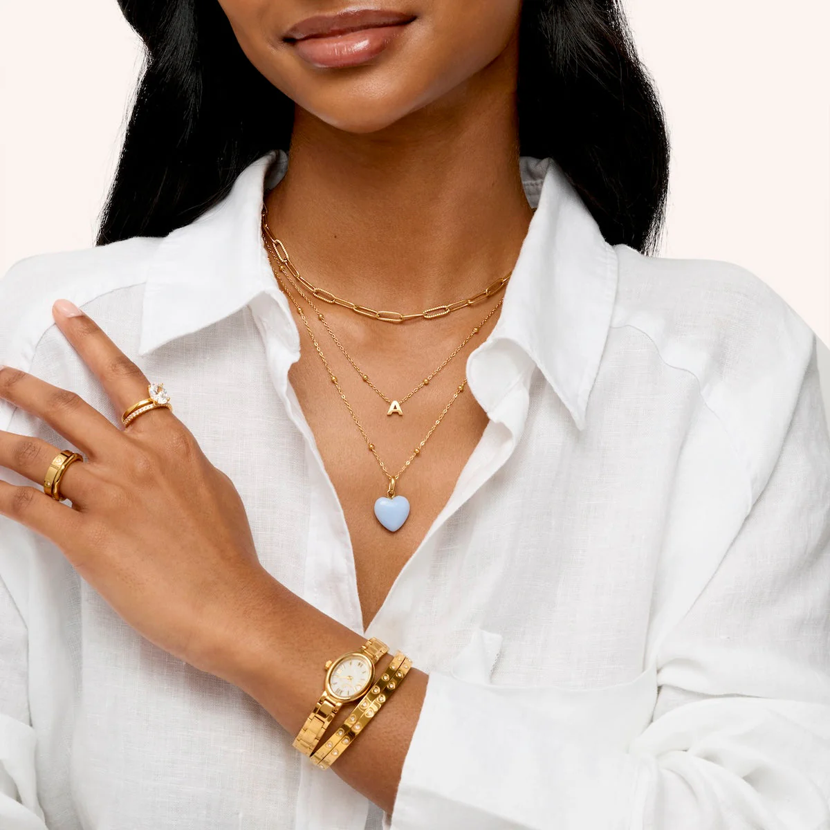 Mini Letter & Heart Birthstone Layered Necklace Set (Gold) - Image 4