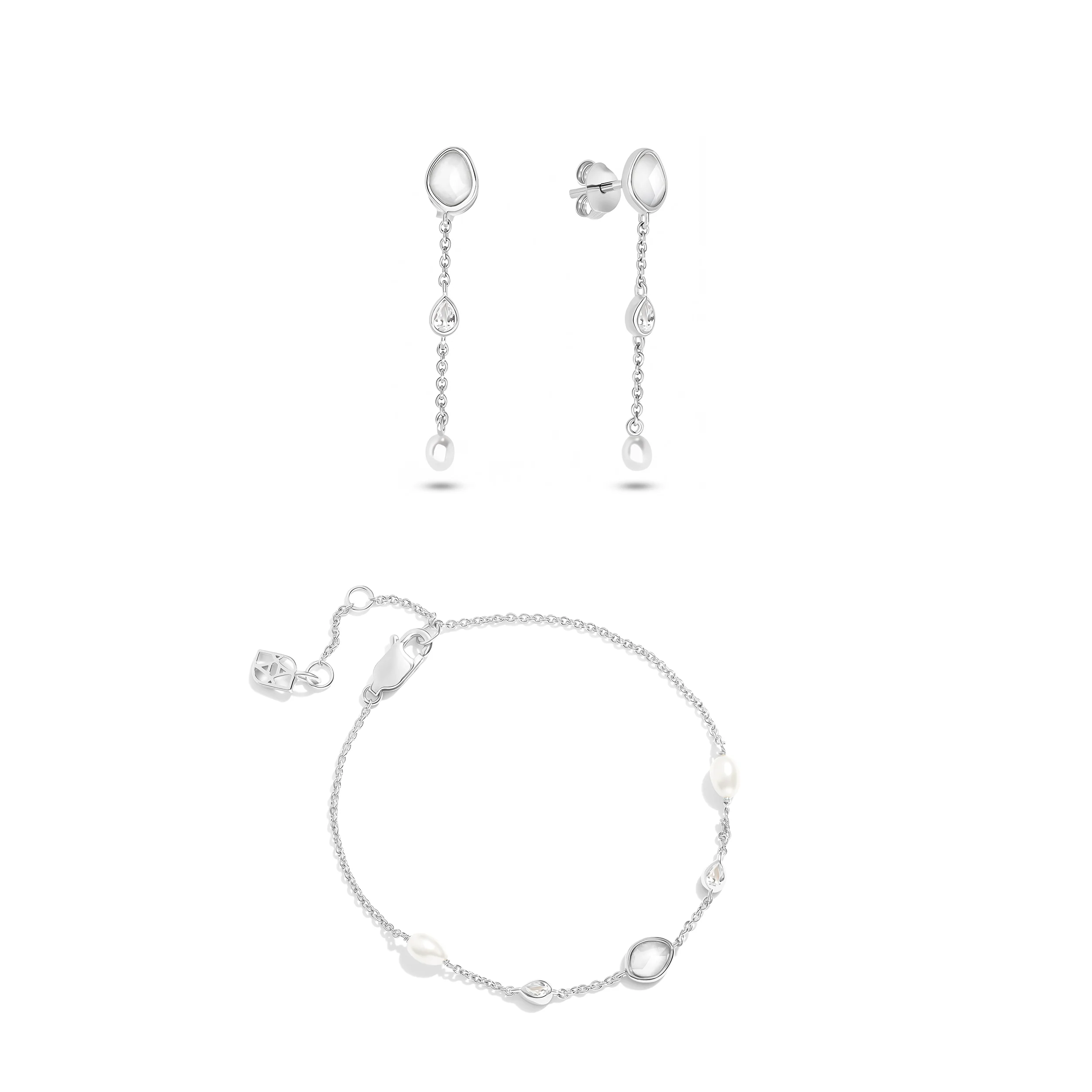 Modern Elegance Quartz & Pearl Bracelet & Earring Set (Silver)