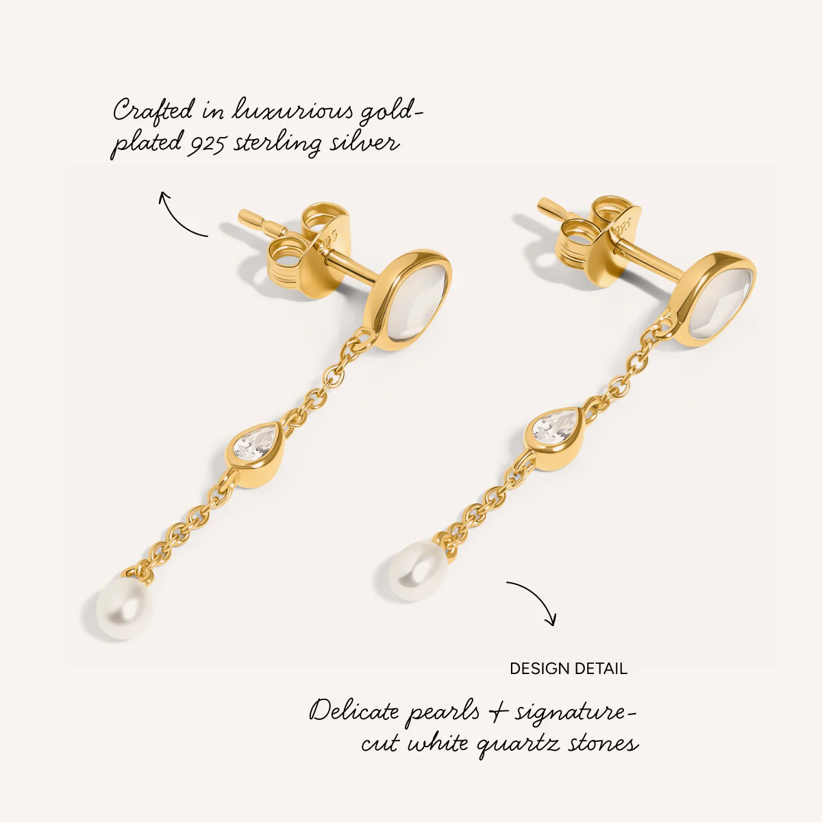 Modern Elegance Quartz & Pearl Drop Earrings (Gold) - Image 3