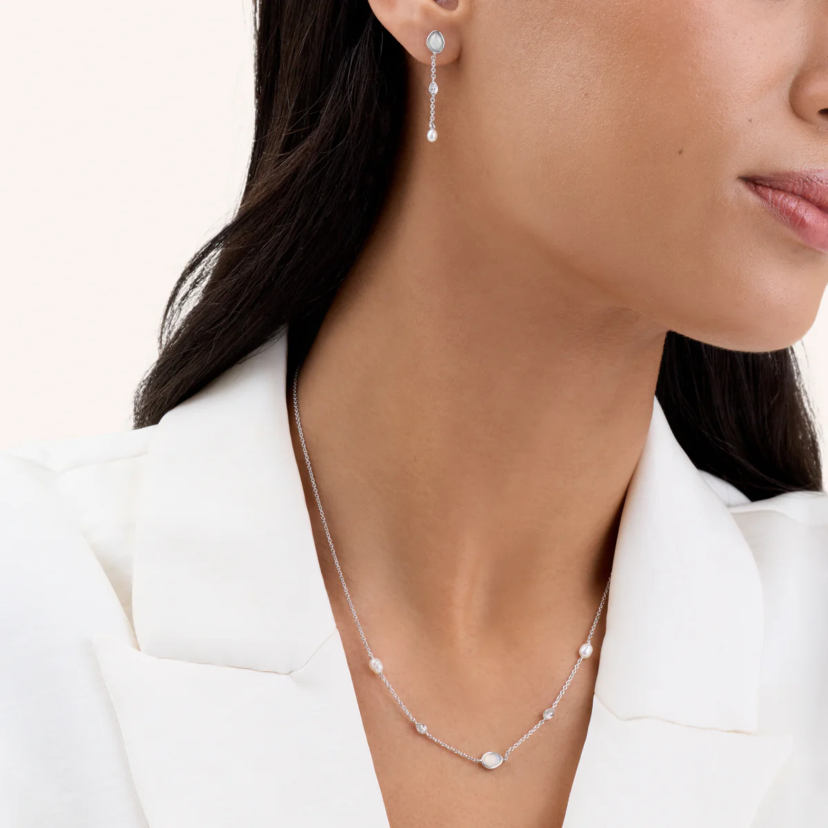 Modern Elegance Quartz & Pearl Drop Earrings (Silver) - Image 4