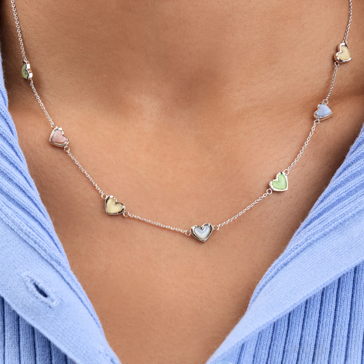 Multi Pastel Mini Hearts Necklace (Silver) - Image 2