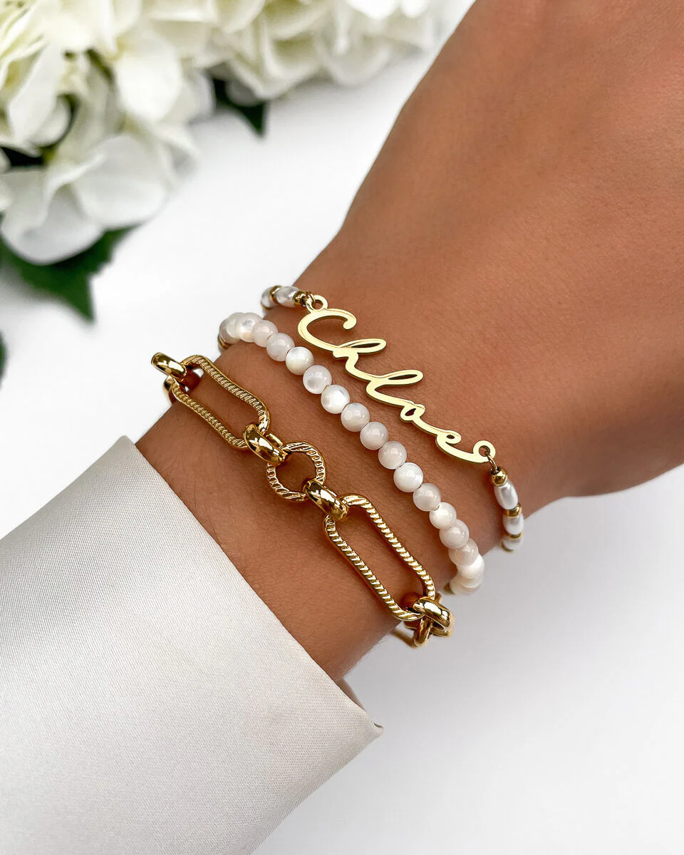 Pearl Chain Signature Name Bracelet (Gold) - Image 6