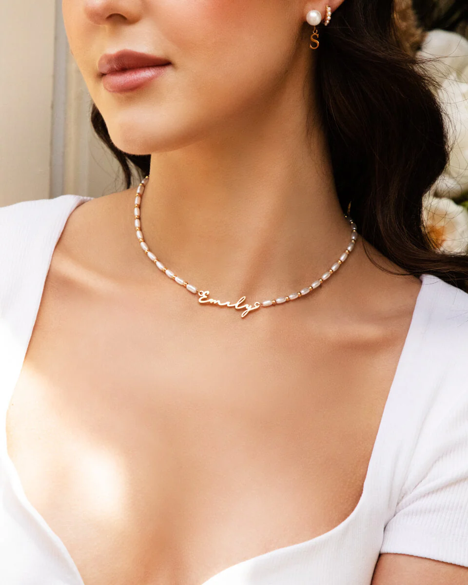 Pearl Chain Signature Name Necklace (Gold) - Image 3