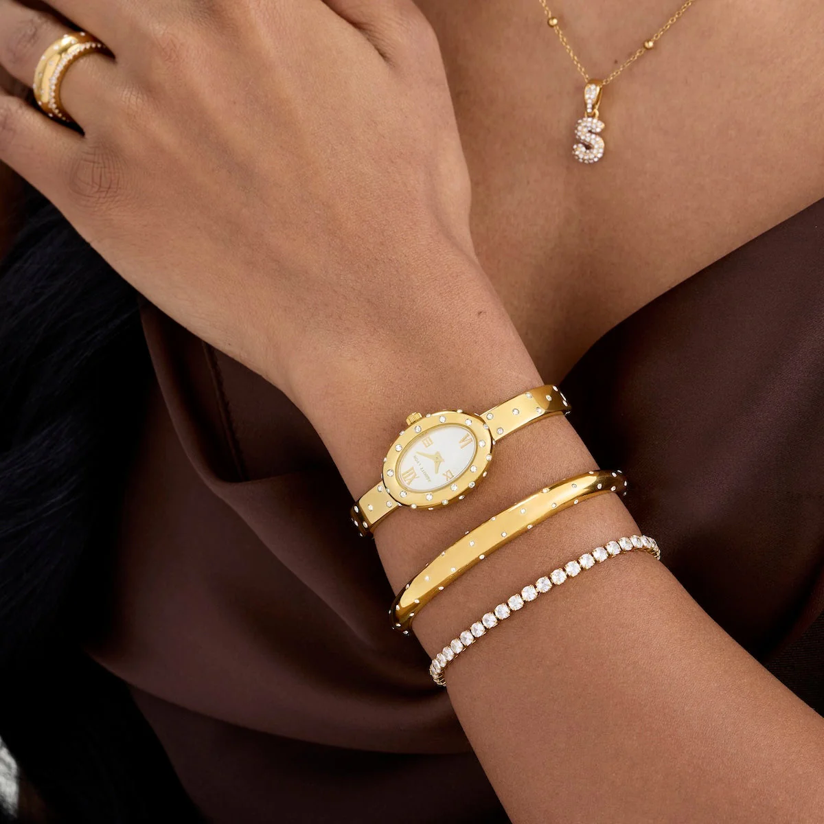 Polka Dot Crystal Watch & Bangle Set (Gold) - Image 5
