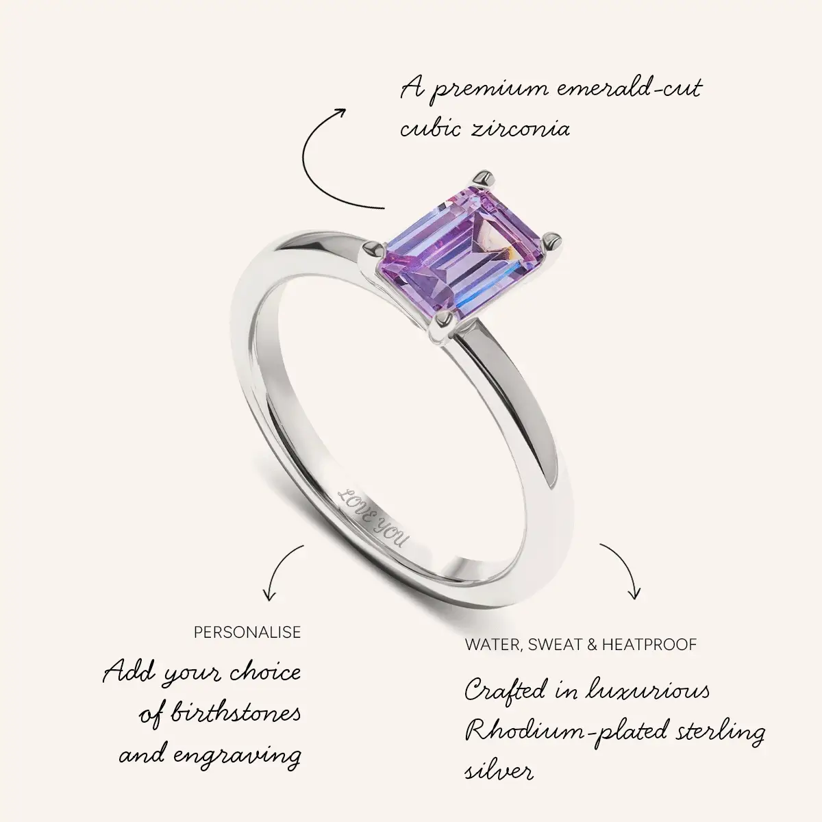 Birthstone Emerald Cut Legacy Ring 1ct (Silver) - Image 5