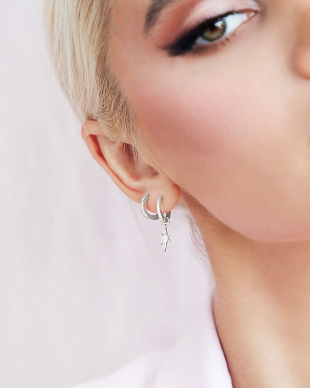 925 Sterling Silver Crystal Huggie Hoop Earrings (Silver) - Image 3