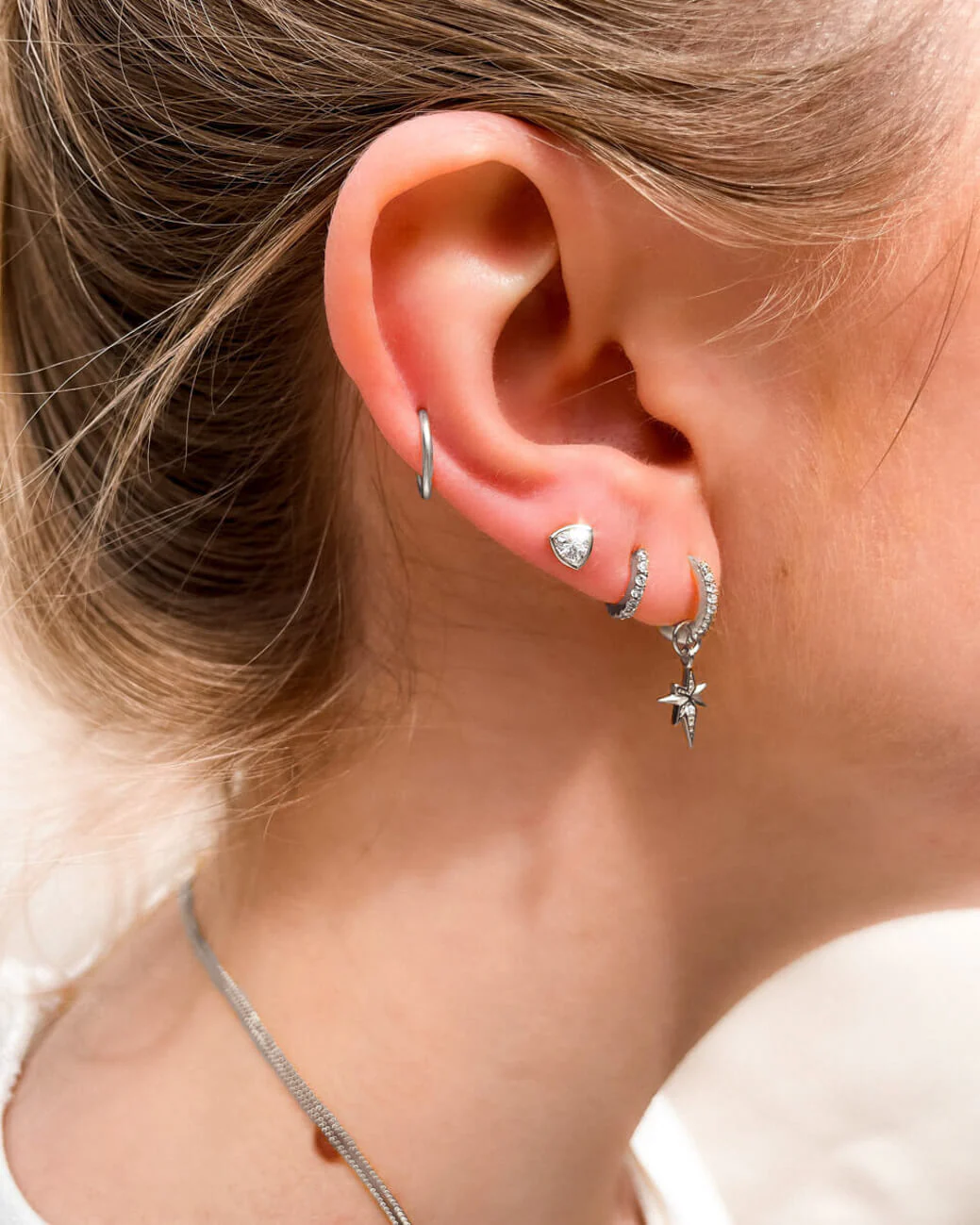 925 Sterling Silver Crystal Huggie Hoop Earrings (Silver) - Image 4