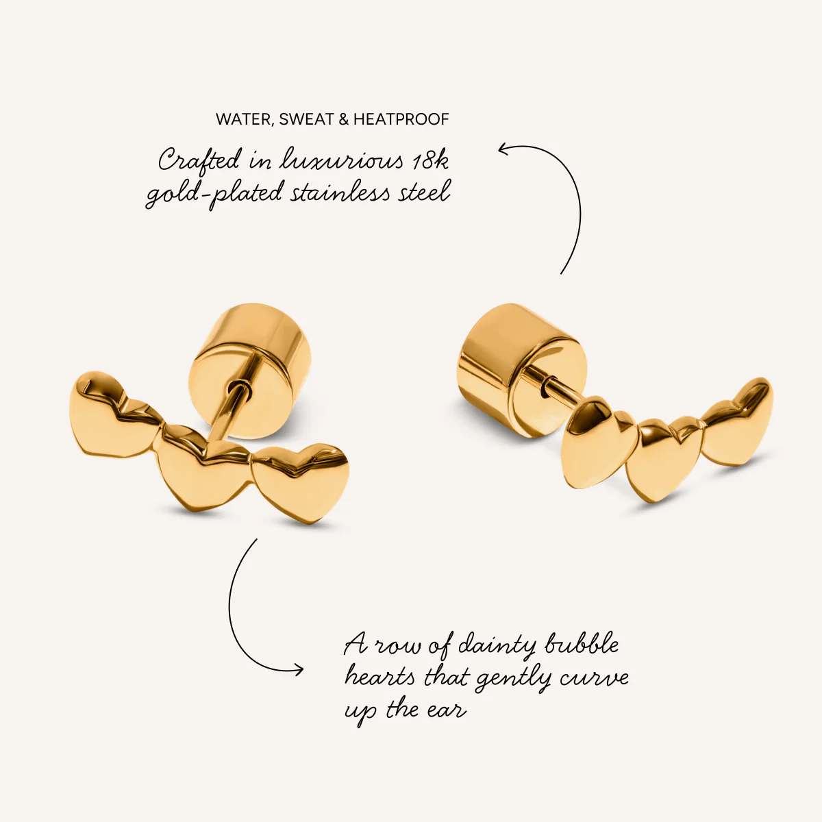 Triple Heart Climber Earrings (Gold) - Image 3