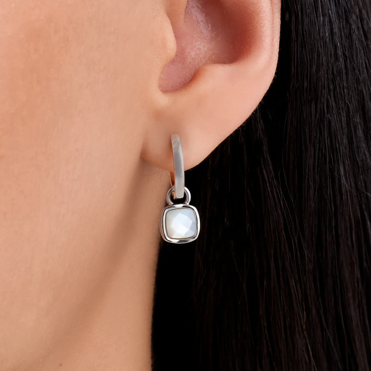 White Quartz Cushion Huggie Earrings (Silver) - Image 2