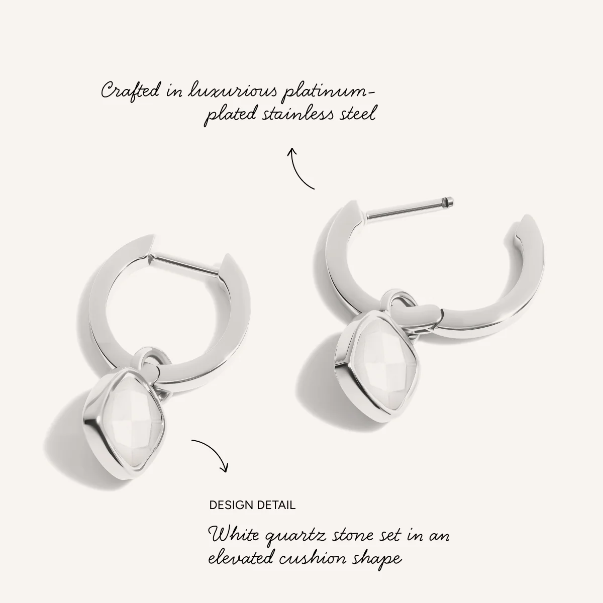 White Quartz Cushion Huggie Earrings (Silver) - Image 3