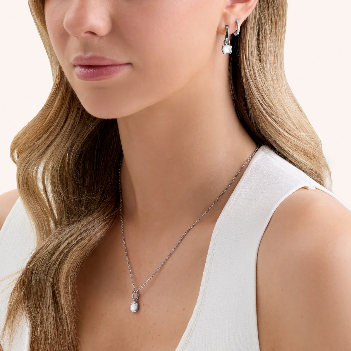 White Quartz Cushion Huggie Earrings (Silver) - Image 4